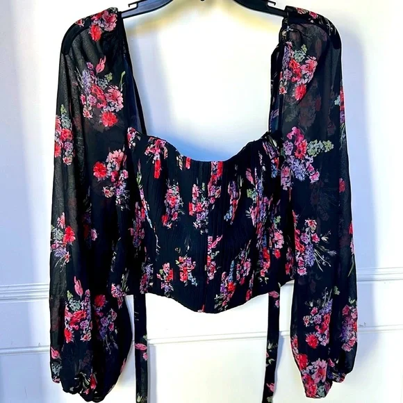 AMUR Beverly Top Sheer Long Sleeve Floral Black Corset Womens size Large - Picture 2 of 15